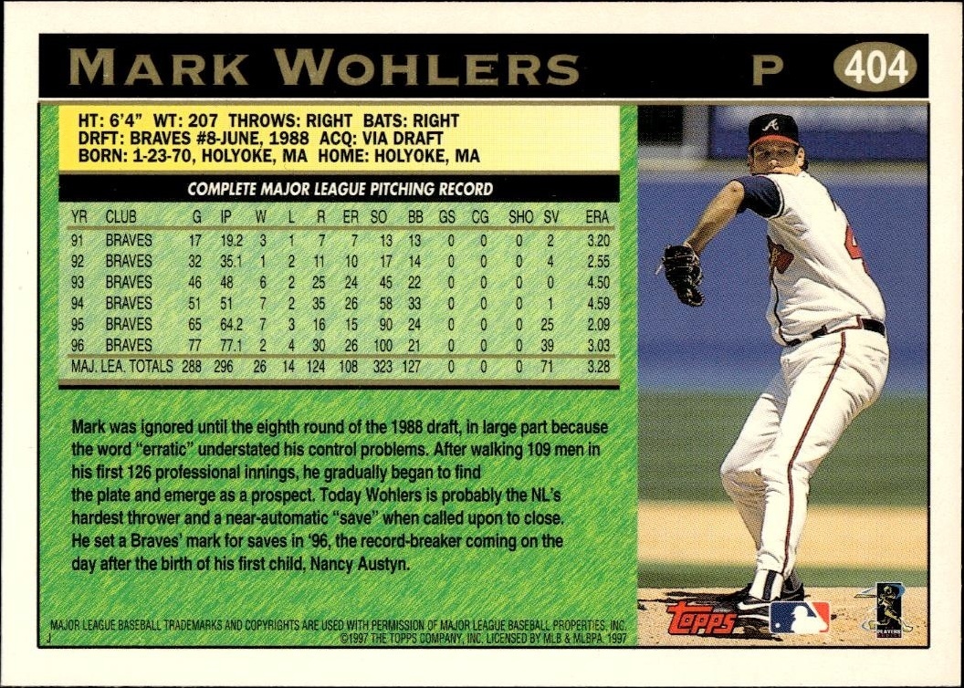 1997 Topps Series 2 Mark Wohlers #404 baseball trading card back