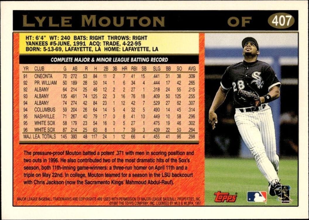 1997 Topps Series 2 Lyle Mouton #407 baseball trading card back