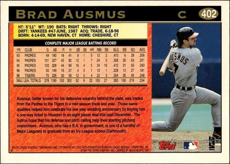 1997 Topps Series 2 Brad Ausmus #402 baseball trading card back