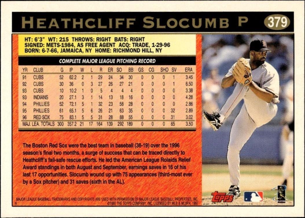 1997 Topps Series 2 Heathcliff Slocumb #379 baseball trading card back