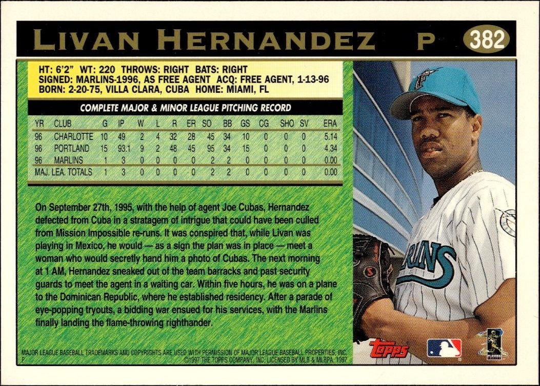 1997 Topps Series 2 Livan Hernandez #382 baseball trading card back