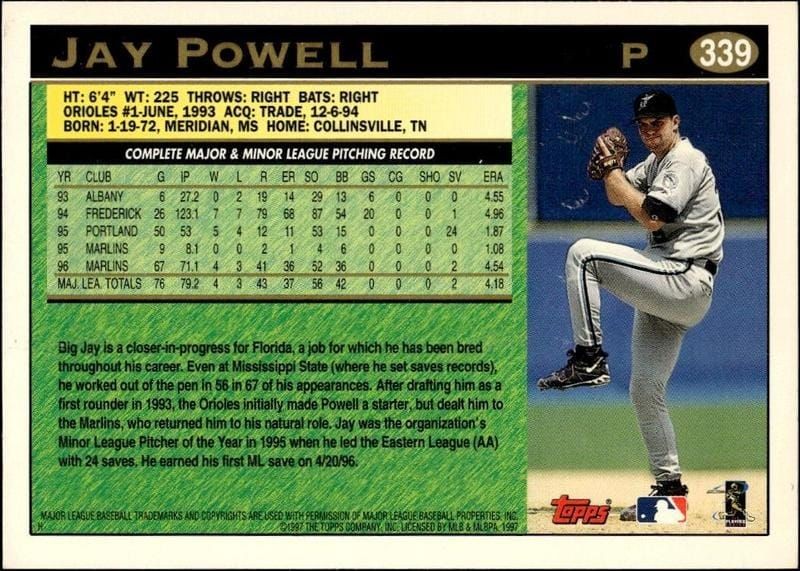 1997 Topps Series 2 Jay Powell #339 baseball trading card back