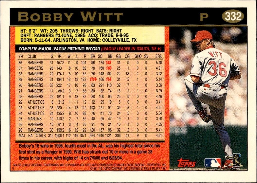 1997 Topps Series 2 Bobby Witt #332 baseball trading card back