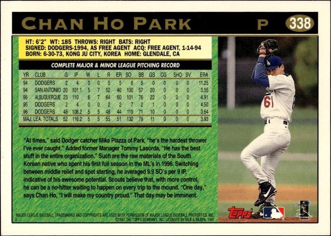 1997 Topps Series 2 Chan Ho Park #338 baseball trading card back