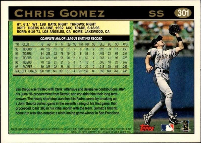 1997 Topps Series 2 Chris Gomez #301 baseball trading card back