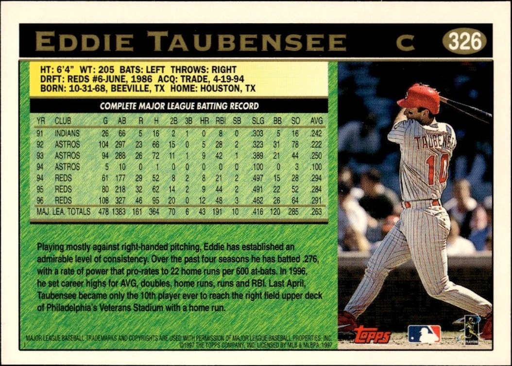 1997 Topps Series 2 Eddie Taubensee #326 baseball trading card back