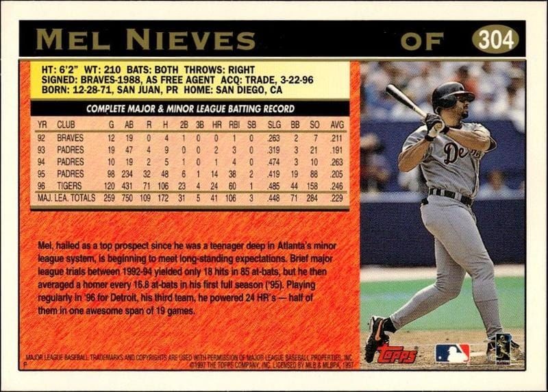 1997 Topps Series 2 Melvin Nieves #304 baseball trading card back