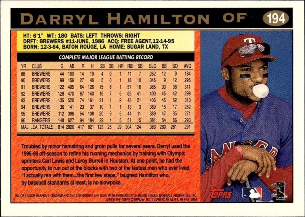 1997 Topps Darryl Hamilton #194 baseball trading card back