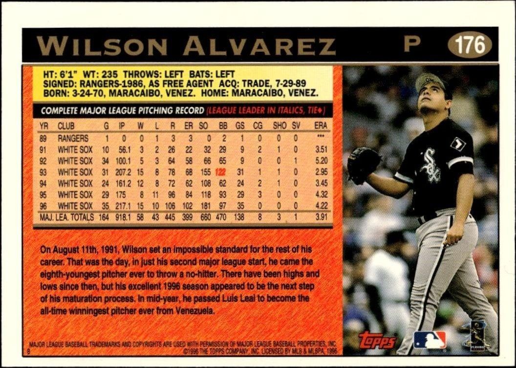 1997 Topps Wilson Alvarez #176 baseball trading card back