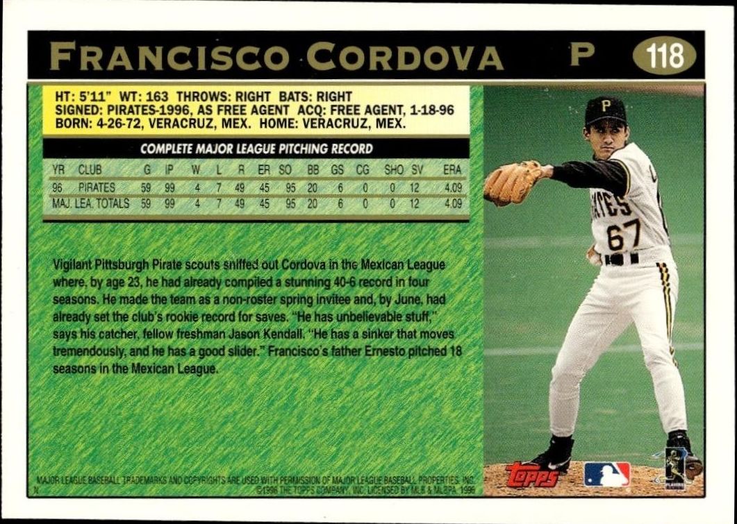 1997 Topps Francisco Cordova #118 baseball trading card back
