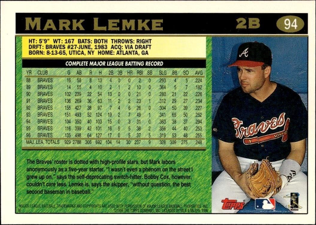 1997 Topps Mark Lemke #94 baseball trading card back