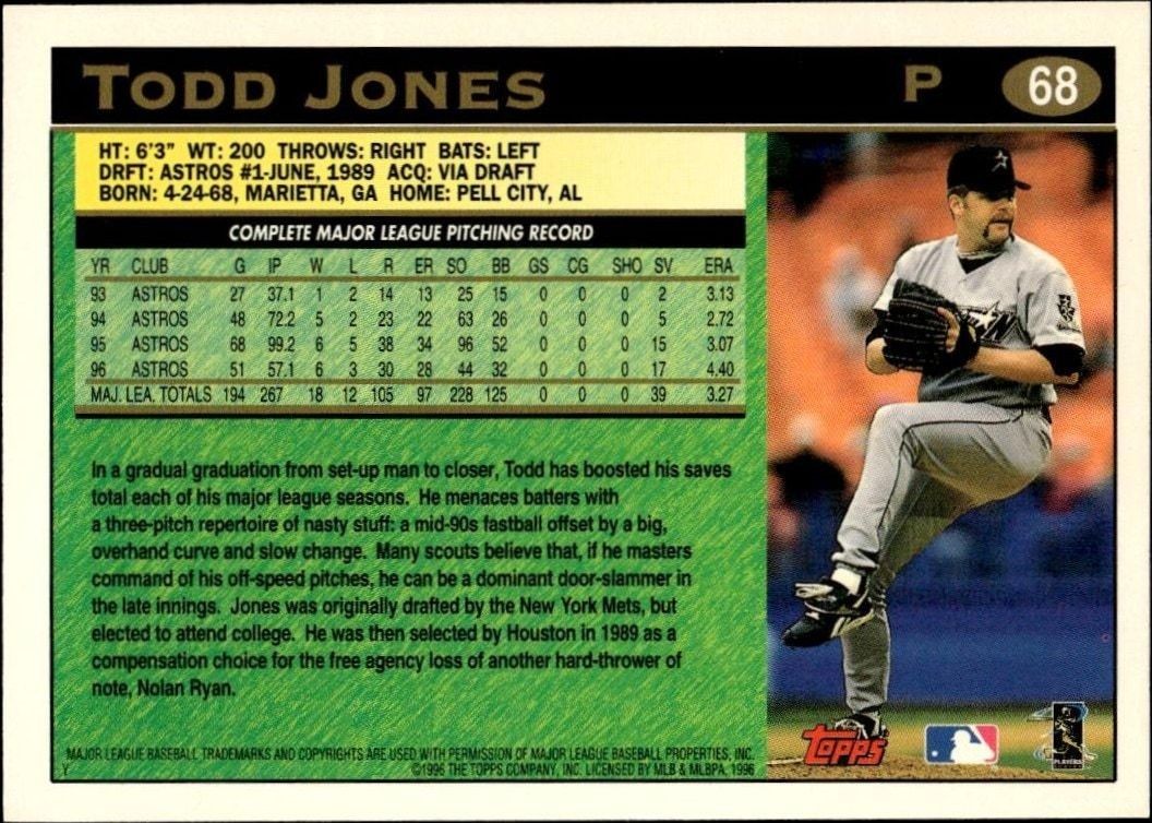 1997 Topps Todd Jones #68 baseball trading card back