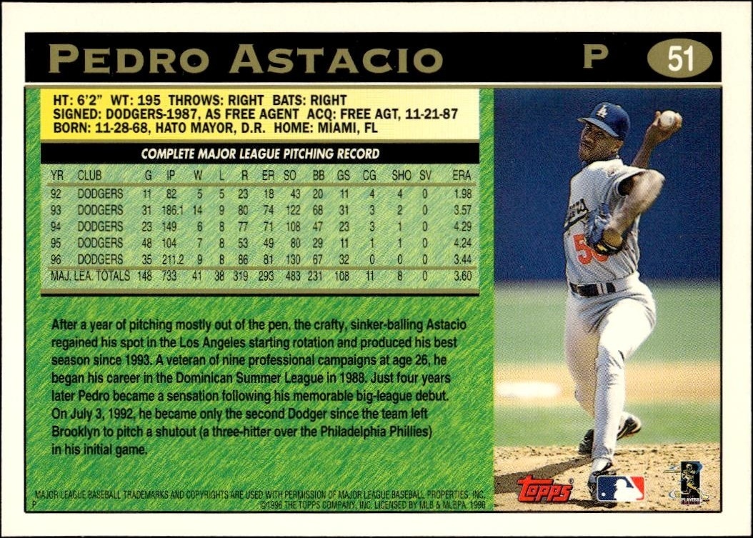 1997 Topps Pedro Astacio #51 baseball trading card back
