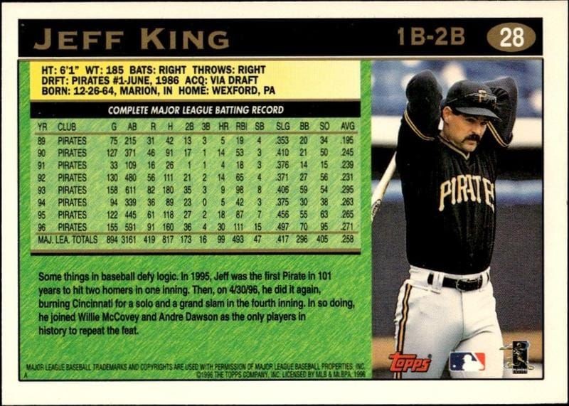 1997 Topps Jeff King #28 baseball trading card back