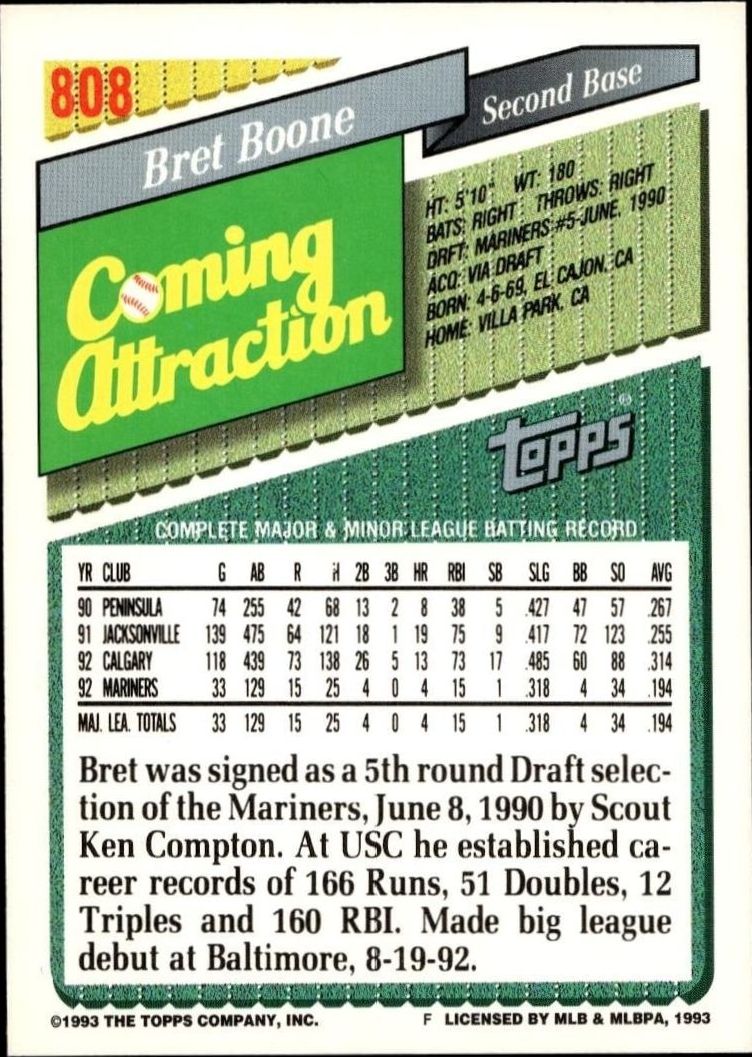 1993 Topps Series 2 Bret Boone #808 baseball trading card back