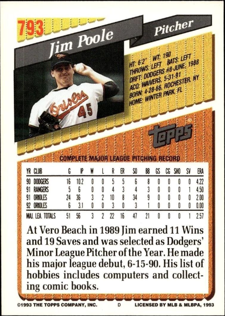 1993 Topps Series 2 Jim Poole #793 baseball trading card back