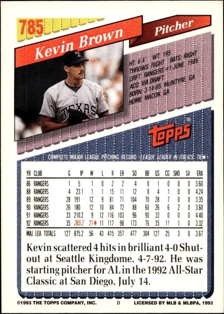 1993 Topps Series 2 Kevin Brown #785 baseball trading card back