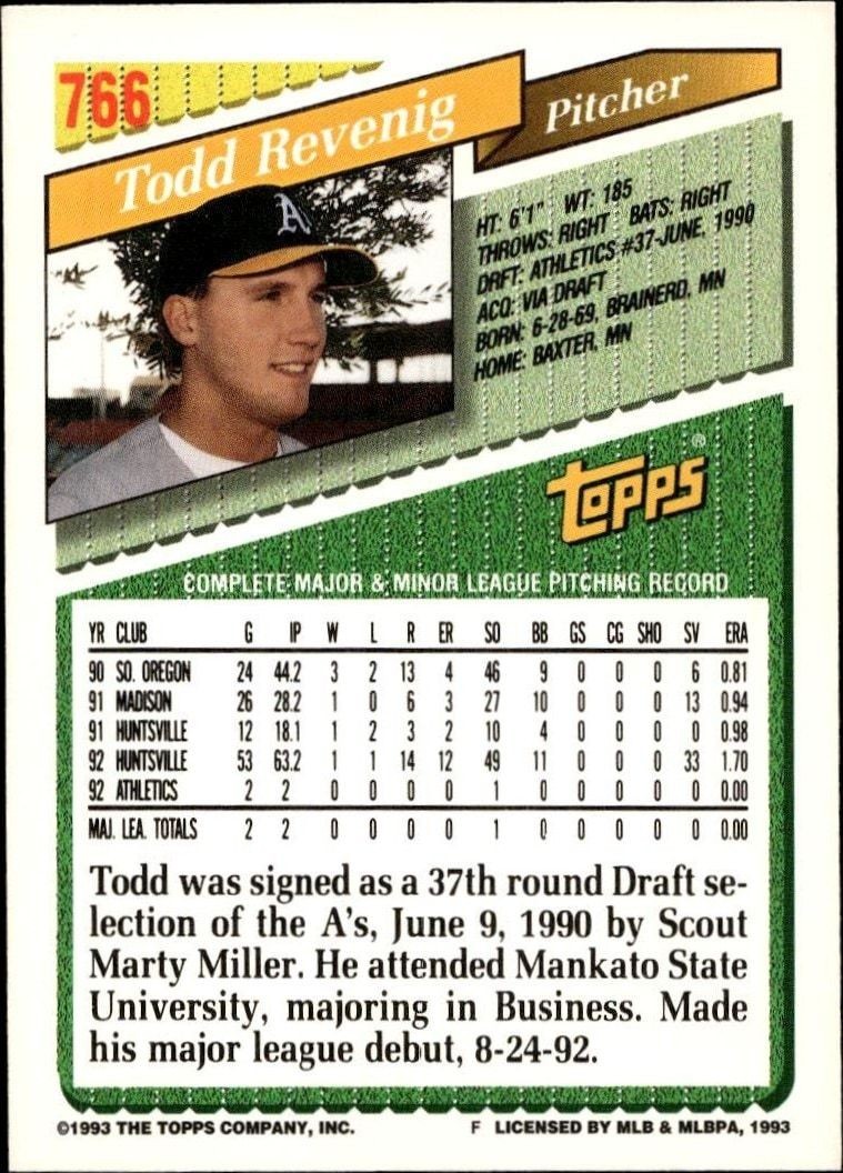 1993 Topps Series 2 Todd Revenig #766 baseball trading card back