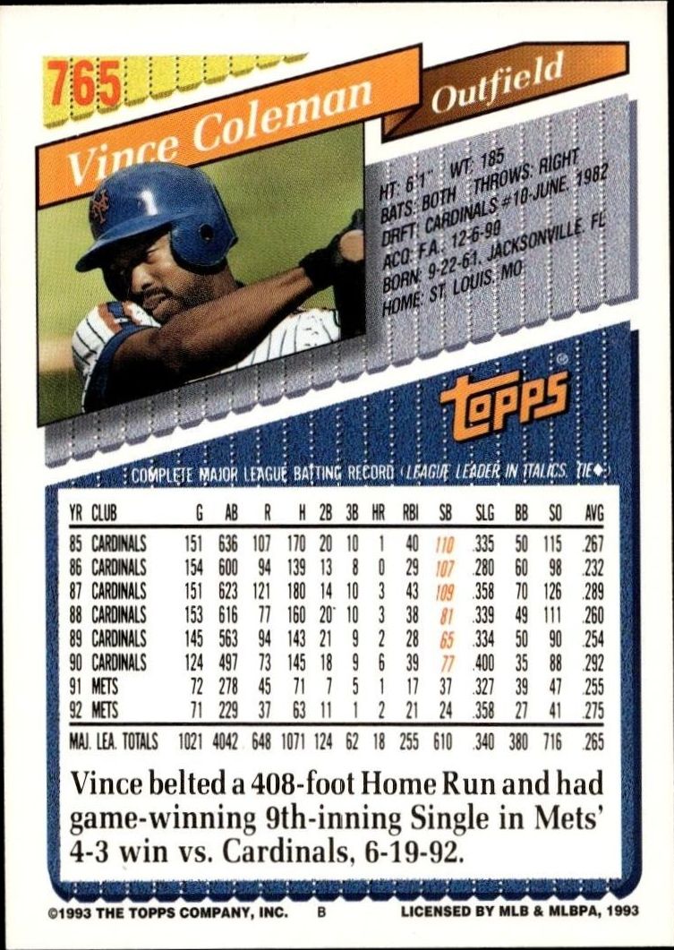1993 Topps Series 2 Vince Coleman #765 baseball trading card back