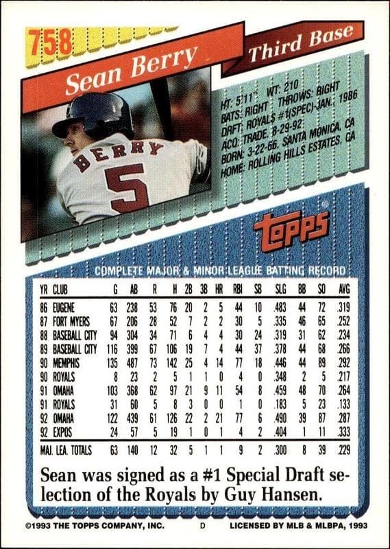 1993 Topps Series 2 Sean Berry #758 baseball trading card back