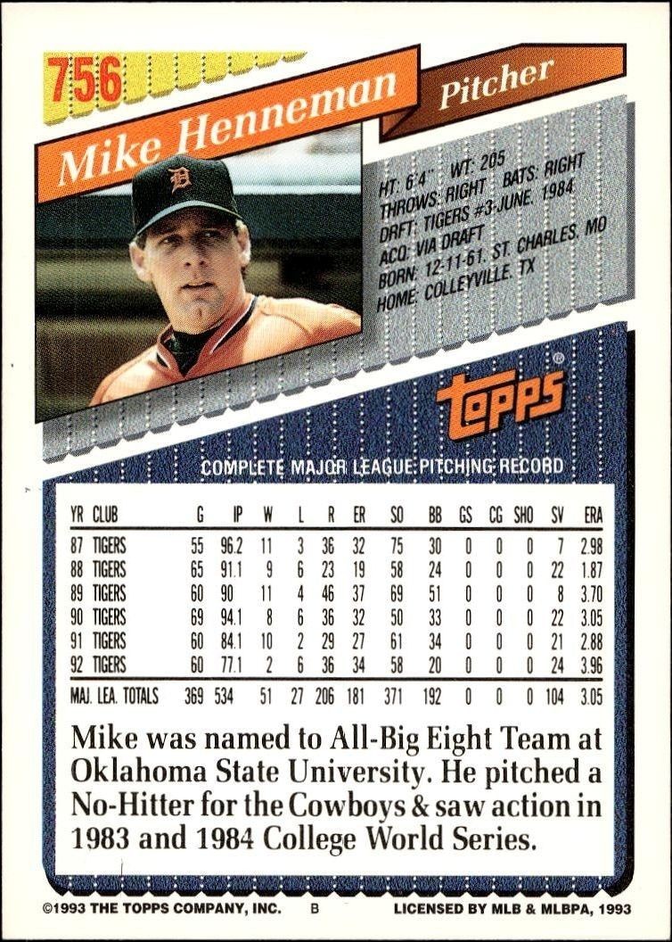 1993 Topps Series 2 Mike Henneman #756 baseball trading card back