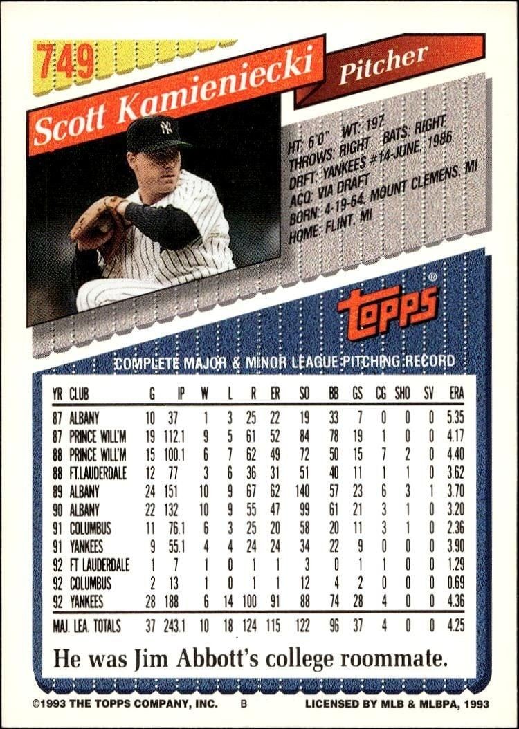 1993 Topps Series 2 Scott Kamieniecki #749 baseball trading card back
