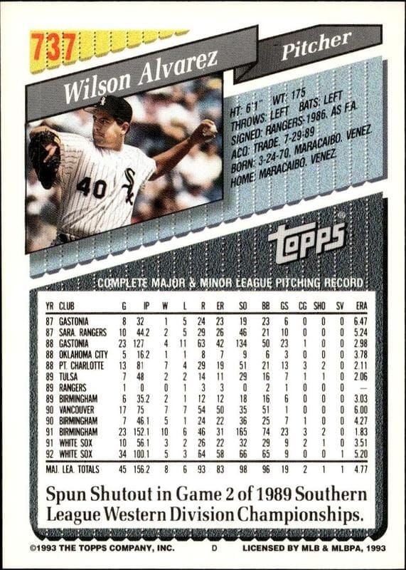 1993 Topps Series 2 Wilson Alvarez #737 baseball trading card back