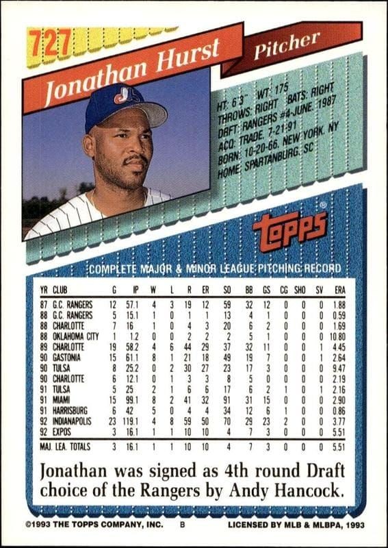 1993 Topps Series 2 Jonathan Hurst #727 baseball trading card back