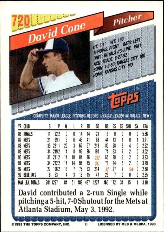 1993 Topps Series 2 David Cone #720 baseball trading card back
