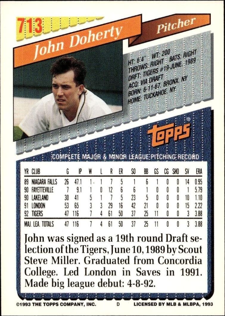 1993 Topps Series 2 John Doherty #713 baseball trading card back