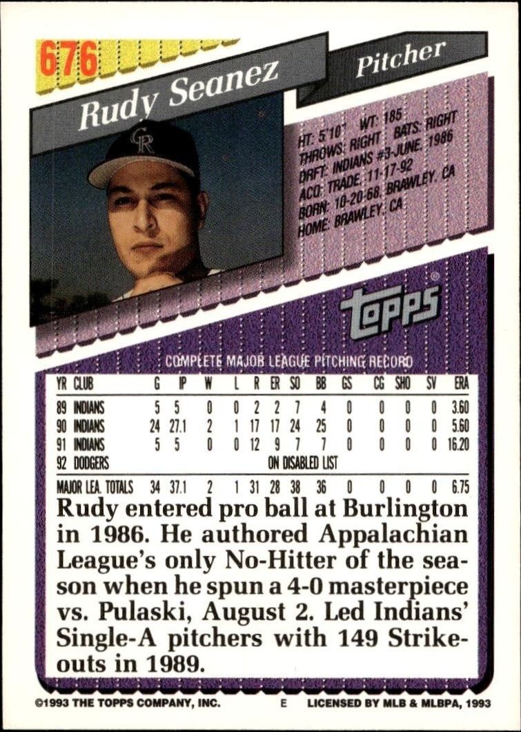 1993 Topps Series 2 Rudy Seanez #676 baseball trading card back