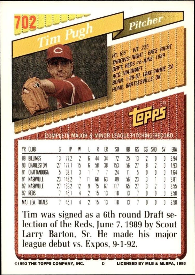 1993 Topps Series 2 Tim Pugh #702 baseball trading card back