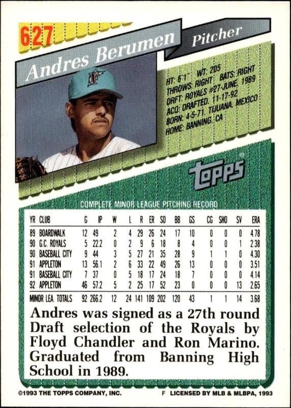 1993 Topps Series 2 Andres Berumen #627 baseball trading card back