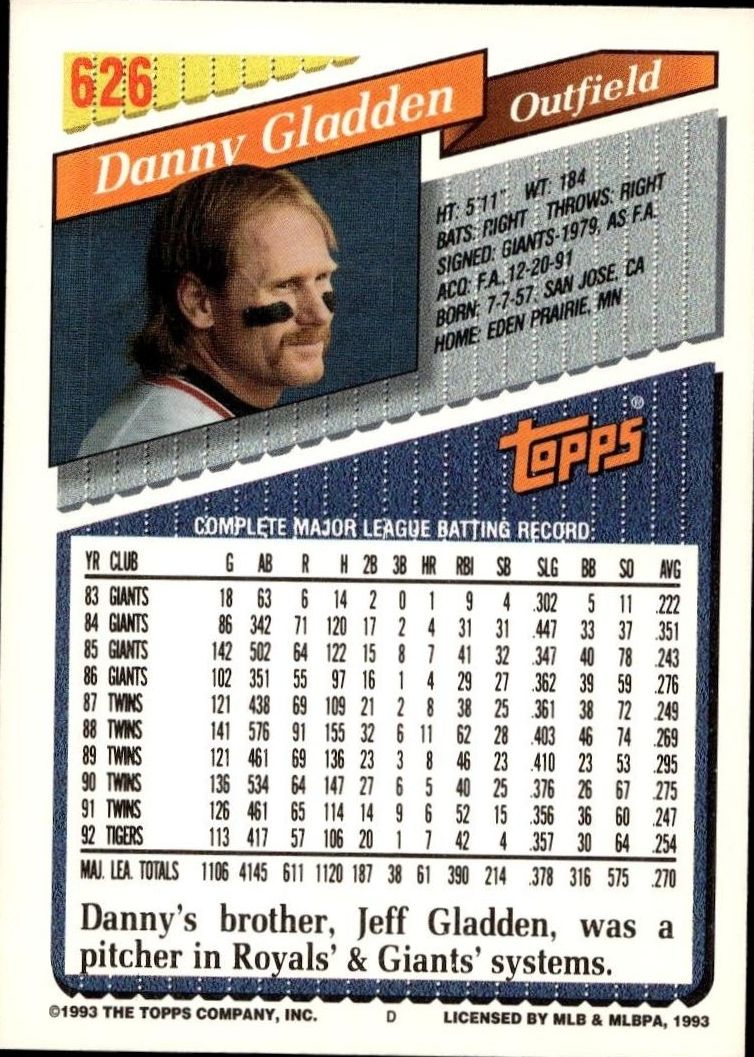 1993 Topps Series 2 Danny Gladden #626 baseball trading card back