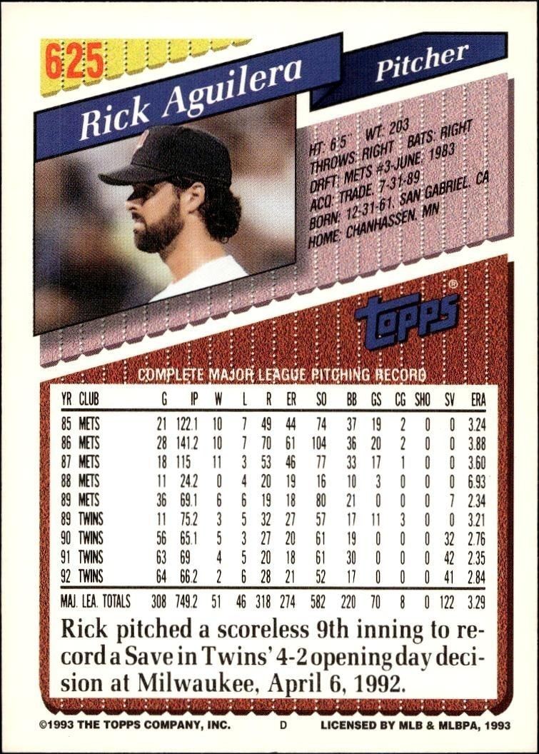 1993 Topps Series 2 Rick Aguilera #625 baseball trading card back