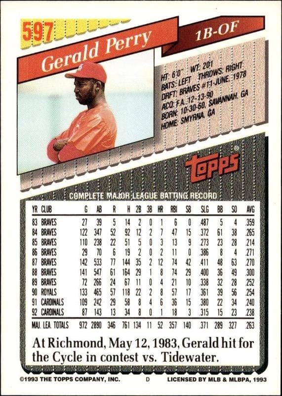 1993 Topps Series 2 Gerald Perry #597 baseball trading card back