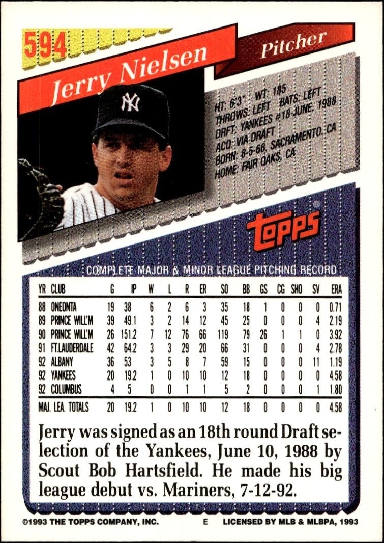 1993 Topps Series 2 Jerry Nielsen #594 baseball trading card back
