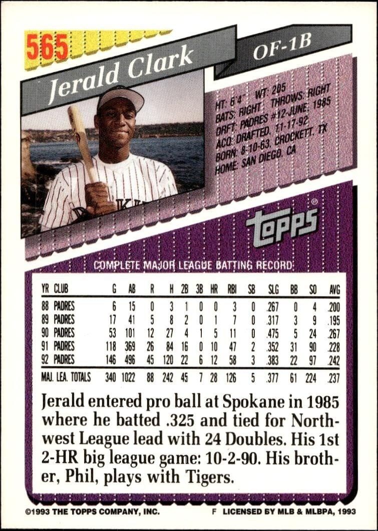 1993 Topps Series 2 Jerald Clark #565 baseball trading card back