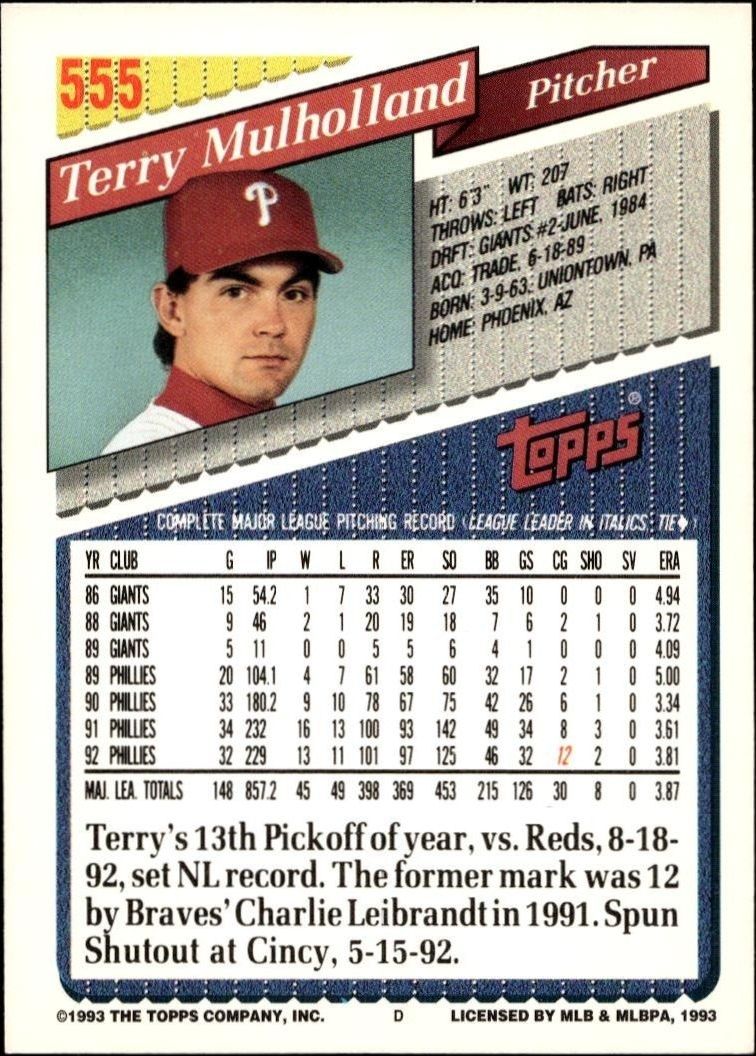 1993 Topps Series 2 Terry Mulholland #555 baseball trading card back