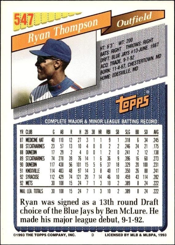 1993 Topps Series 2 Ryan Thompson #547 baseball trading card back