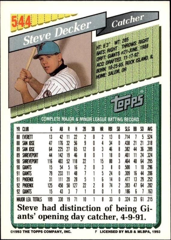 1993 Topps Series 2 Steve Decker #544 baseball trading card back