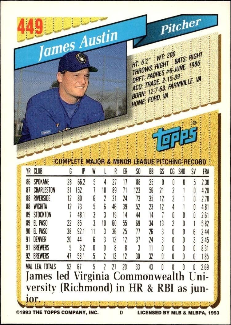 1993 Topps Series 2 Jim Austin #449 baseball trading card back
