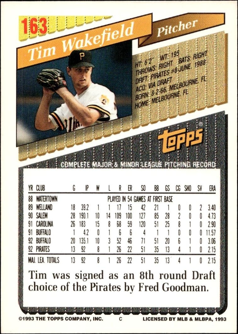 1993 Topps Tim Wakefield #163 baseball trading card back