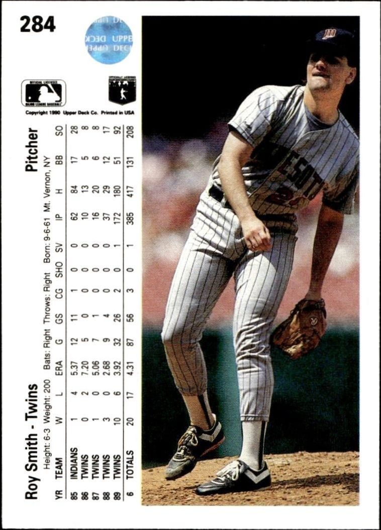 1990 Upper Deck Roy Smith #284 baseball trading card back