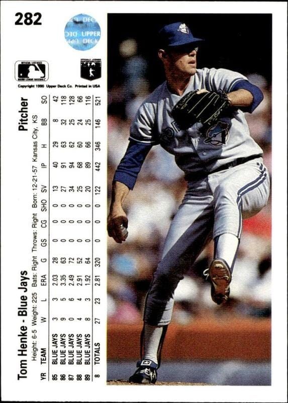 1990 Upper Deck Tom Henke #282 baseball trading card back