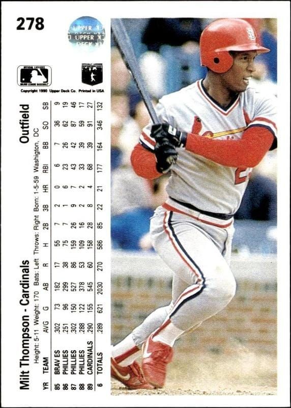 1990 Upper Deck Milt Thompson #278 baseball trading card back
