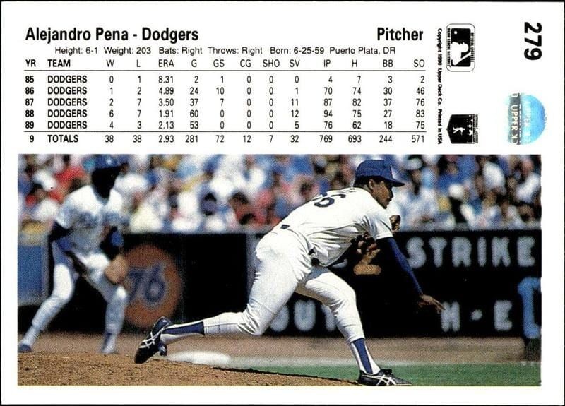 1990 Upper Deck Alejandro Pena #279 baseball trading card back