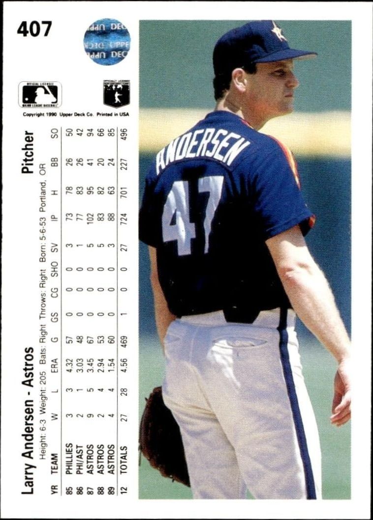1990 Upper Deck Larry Andersen #407 baseball trading card back