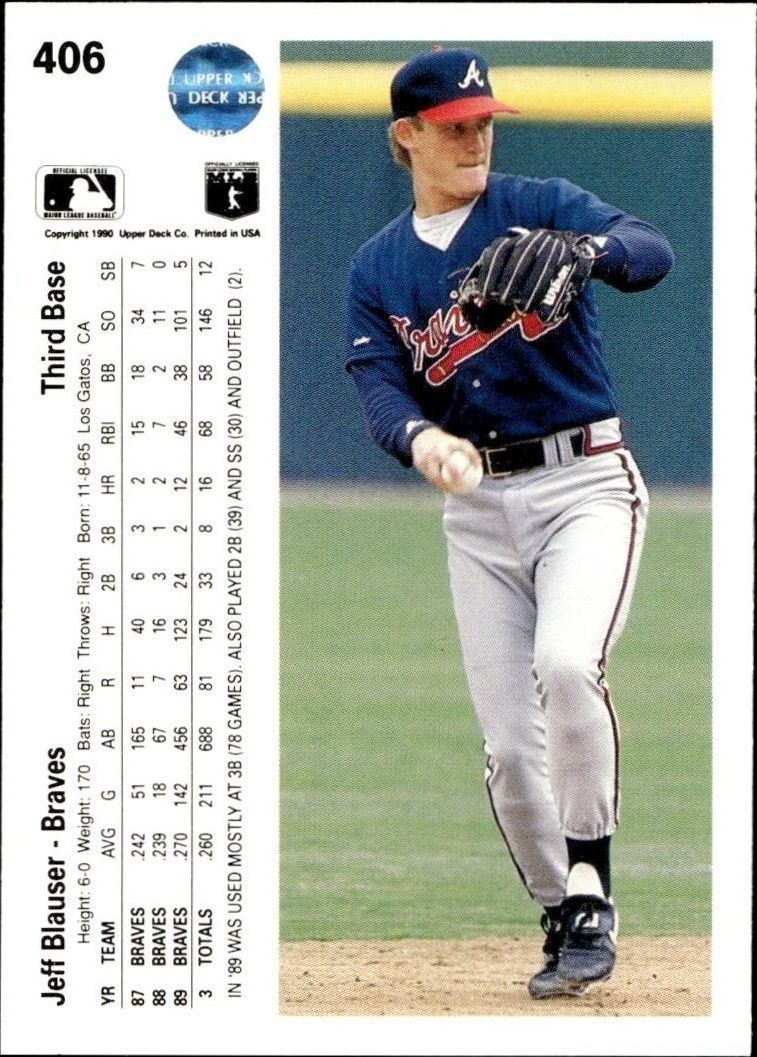 1990 Upper Deck Jeff Blauser #406 baseball trading card back