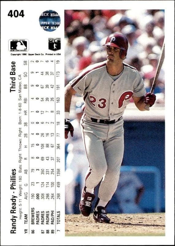 1990 Upper Deck Randy Ready #404 baseball trading card back